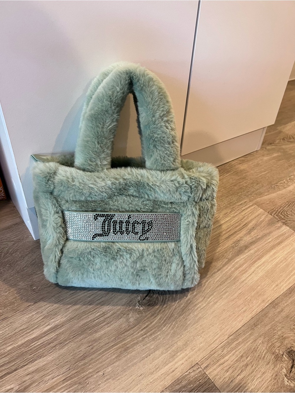 Juicy Couture Mint Green Faux Fur Mini Tote with Rhinestone Logo